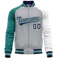 Gray White-Aqua Varsity Full-Zip Raglan Letterman Baseball Jacket 5