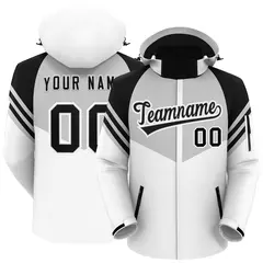 Gray White-Black Color Block Hooded Waterproof Jacket