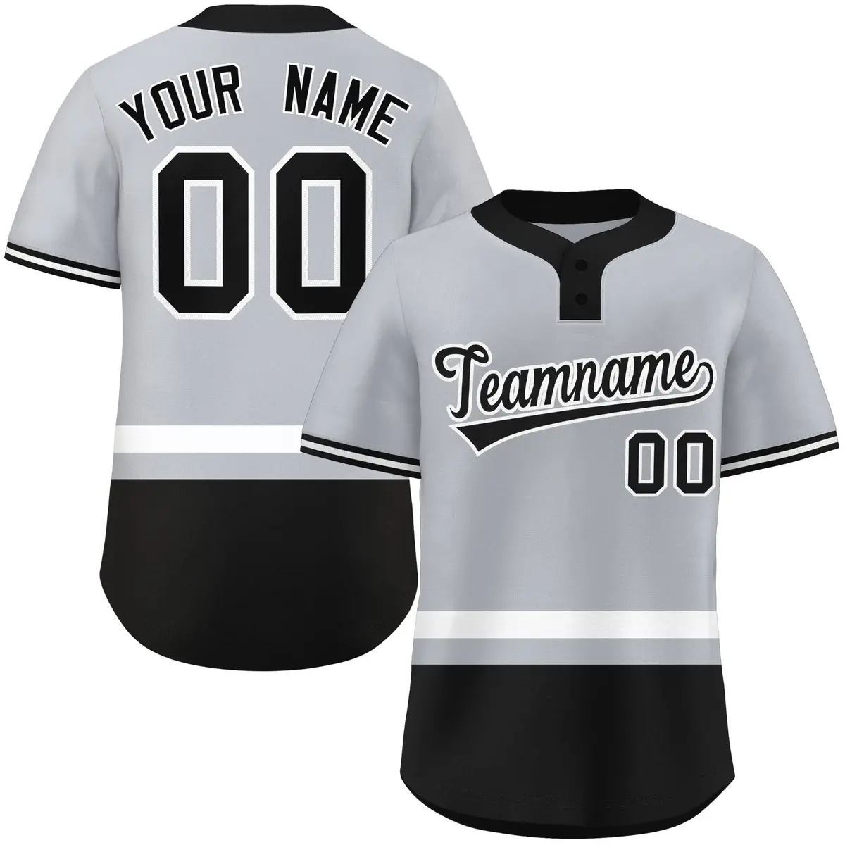Gray White-Black Color Block Two-Button Softball Jersey