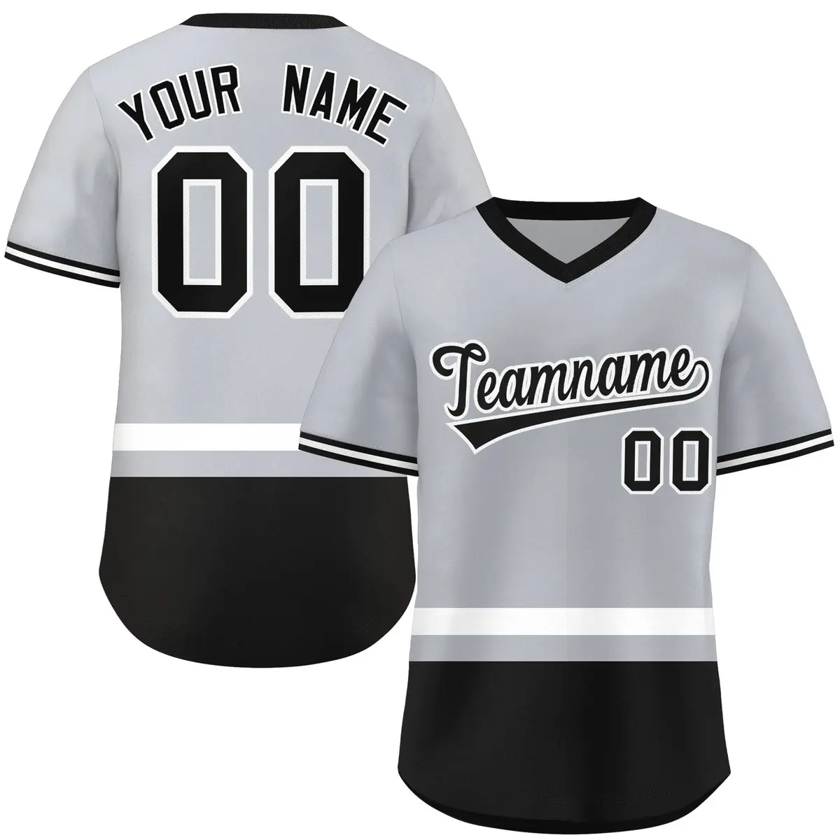 Gray White-Black Color Block V-Neck Pullover Baseball Jersey