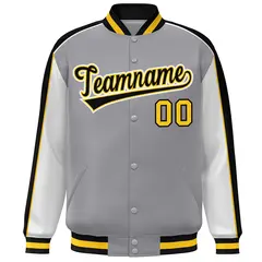 Gray White-Black Color Block Varsity Bomber Baseball Jacket 3
