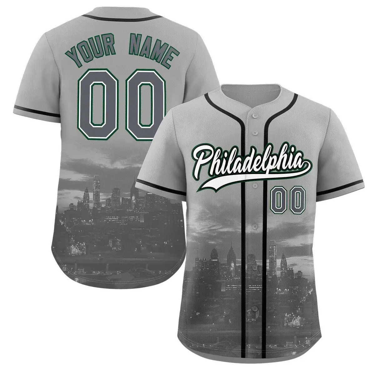 Gray White-Black Philadelphia City Skyline Baseball Jersey
