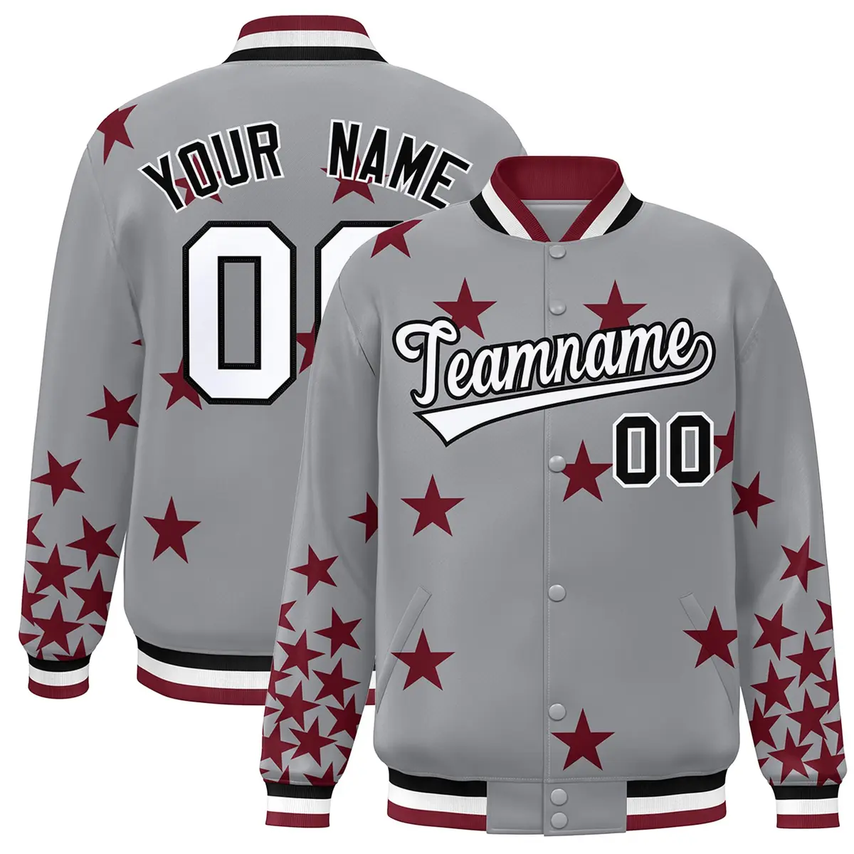 Gray White-Black Star Graffiti Varsity Full-Snap Bomber Jacket