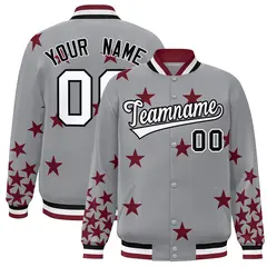 Gray White-Black Star Graffiti Varsity Full-Snap Bomber Jacket