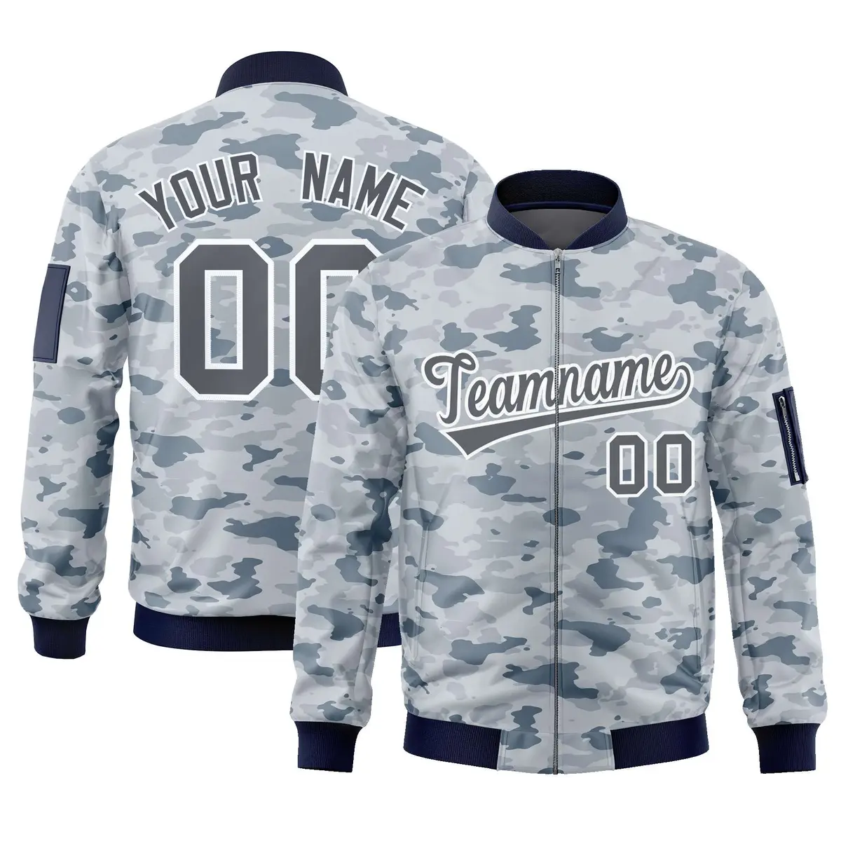 Gray White Camo Varsity Full-Zip Letterman Bomber Jacket