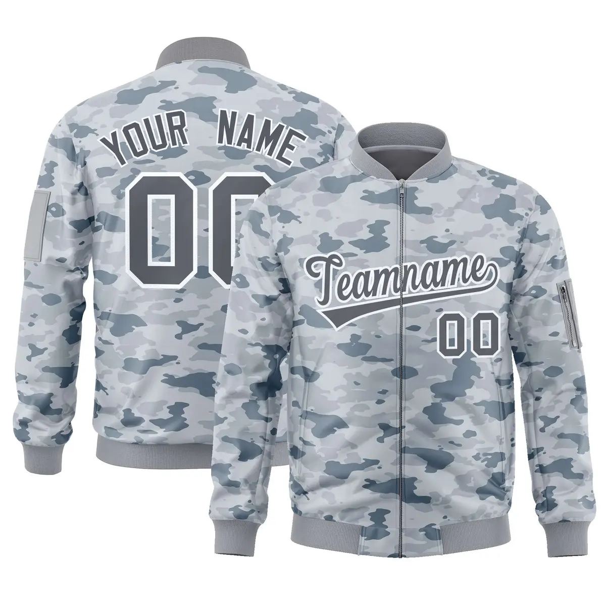 Gray White Camo Varsity Full-Zip Letterman Bomber Jacket