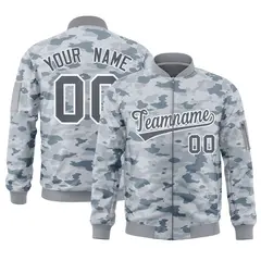 Gray White Camo Varsity Full-Zip Letterman Bomber Jacket