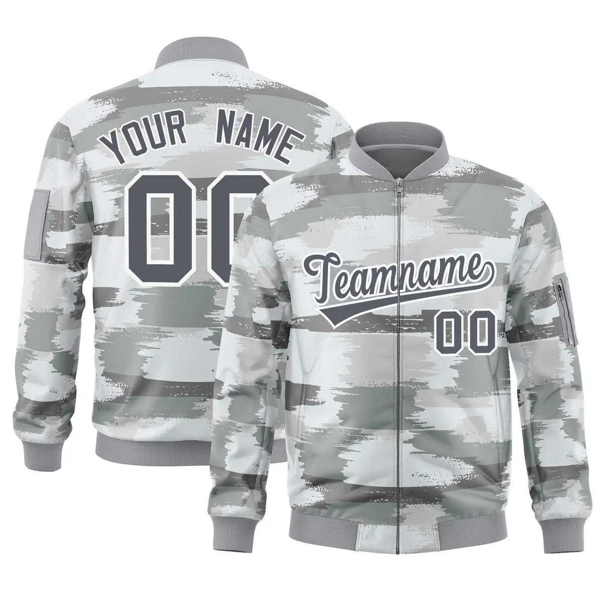 Gray White Camo Varsity Full-Zip Letterman Bomber Jacket