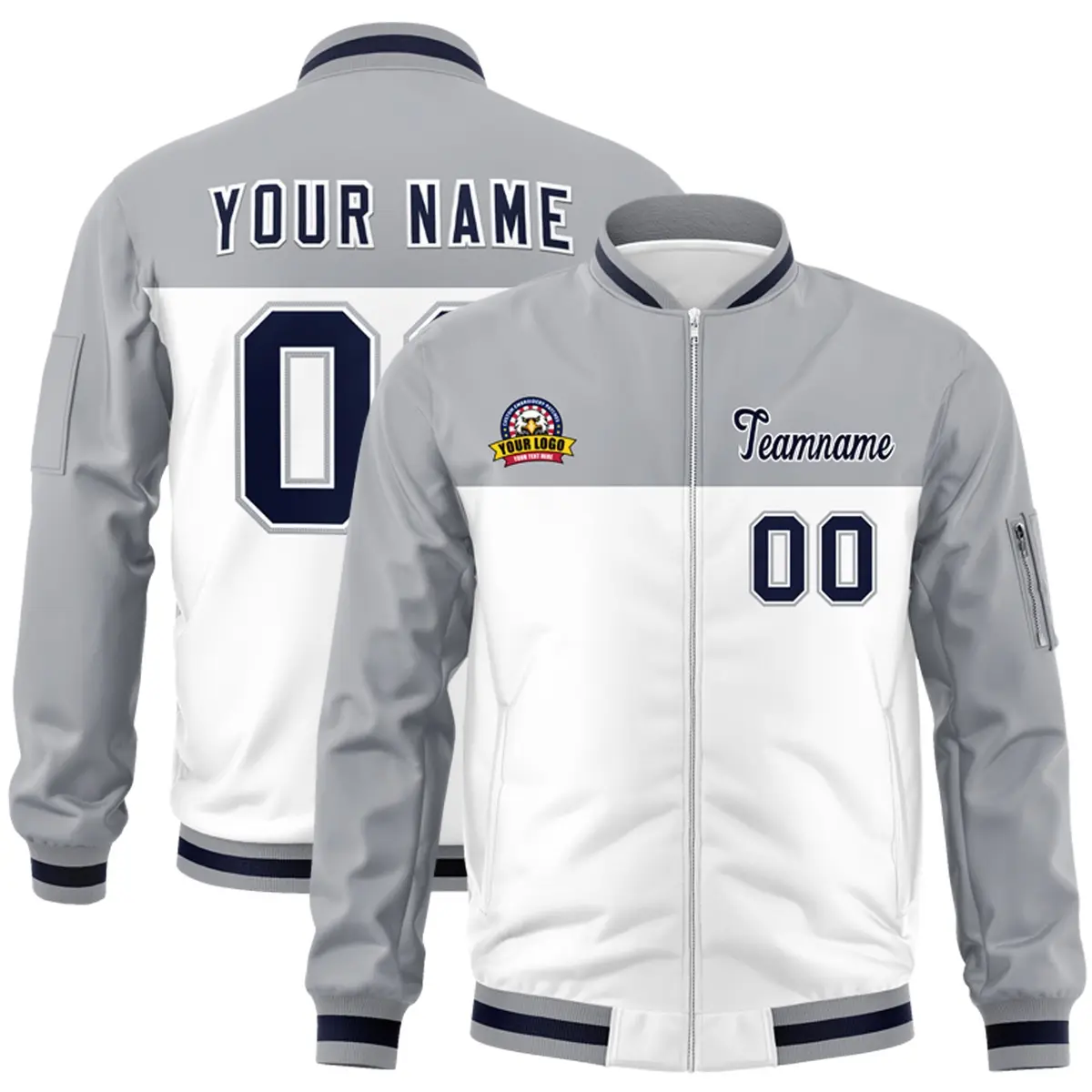 Gray White Color Block Full-Zip Varsity Letterman Bomber Jacket