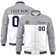 Gray White Color Block Full-Zip Varsity Letterman Bomber Jacket