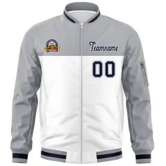 Gray White Color Block Full-Zip Varsity Letterman Bomber Jacket 3