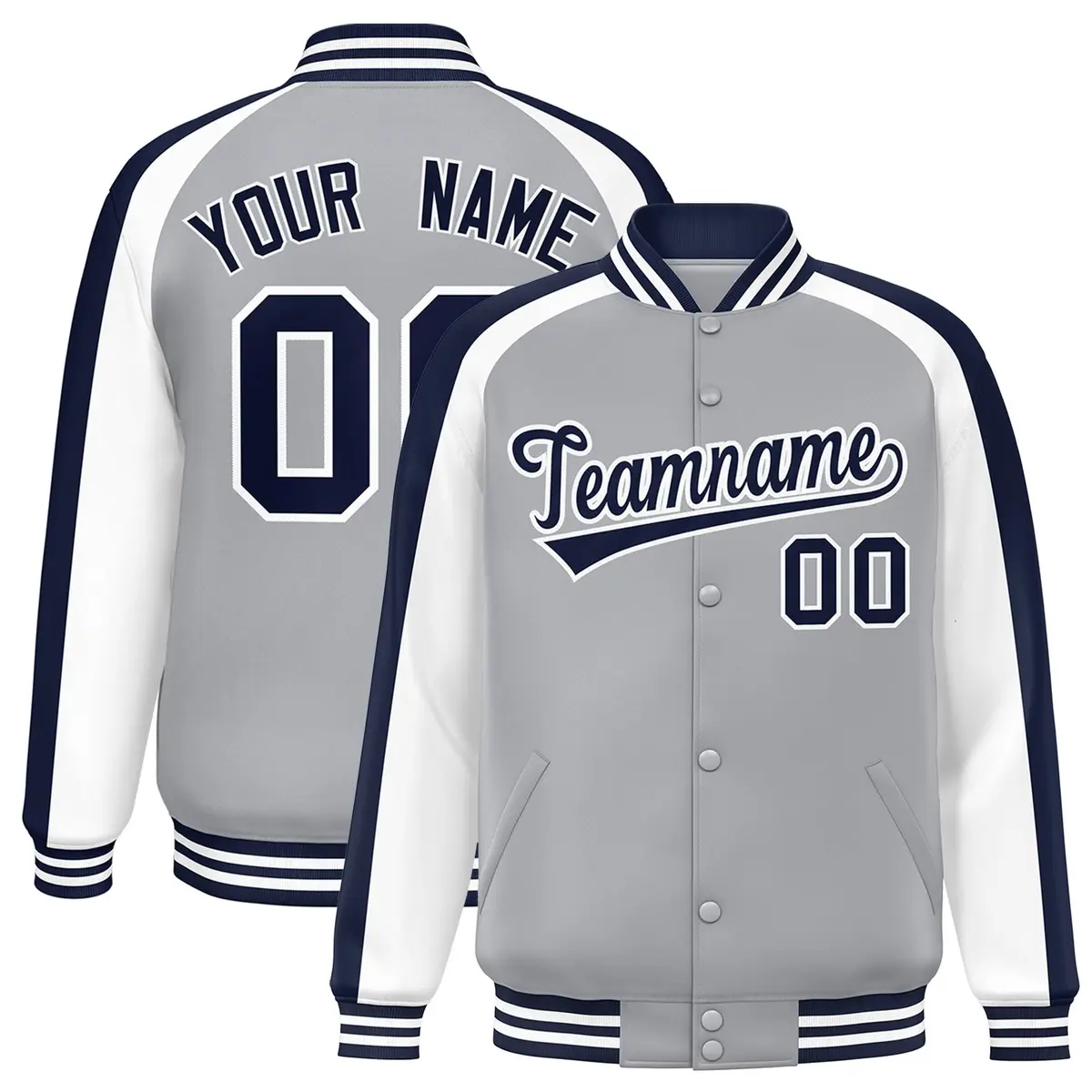 Gray White Color Block Raglan Full-Snap Varsity Letterman Jacket