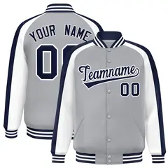 Gray White Color Block Raglan Full-Snap Varsity Letterman Jacket