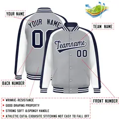 Gray White Color Block Raglan Full-Snap Varsity Letterman Jacket 2