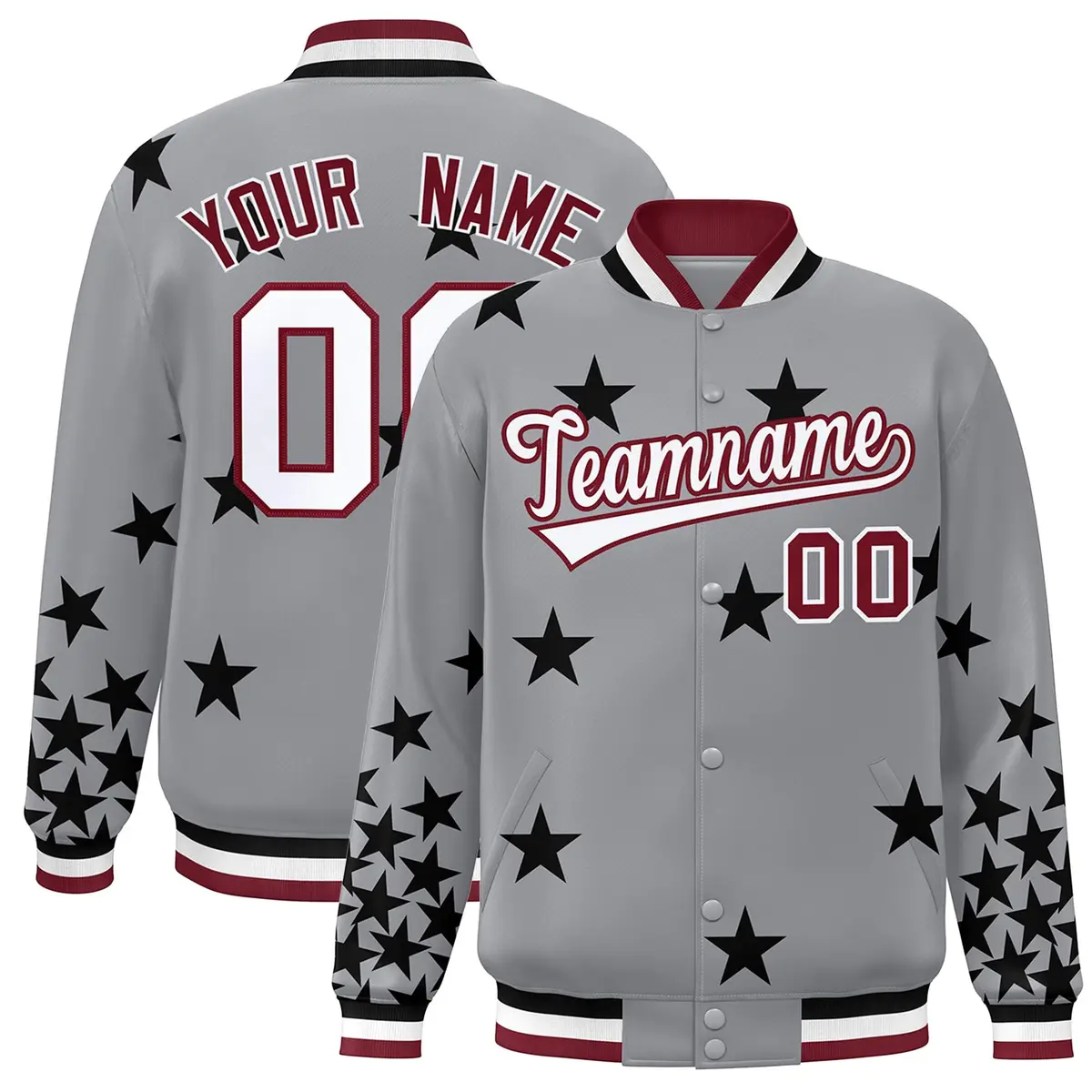 Gray White-Crimson Star Graffiti Varsity Full-Snap Bomber Jacket