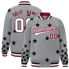 Gray White-Crimson Star Graffiti Varsity Full-Snap Bomber Jacket