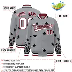 Gray White-Crimson Star Graffiti Varsity Full-Snap Bomber Jacket 2