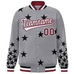 Gray White-Crimson Star Graffiti Varsity Full-Snap Bomber Jacket 3