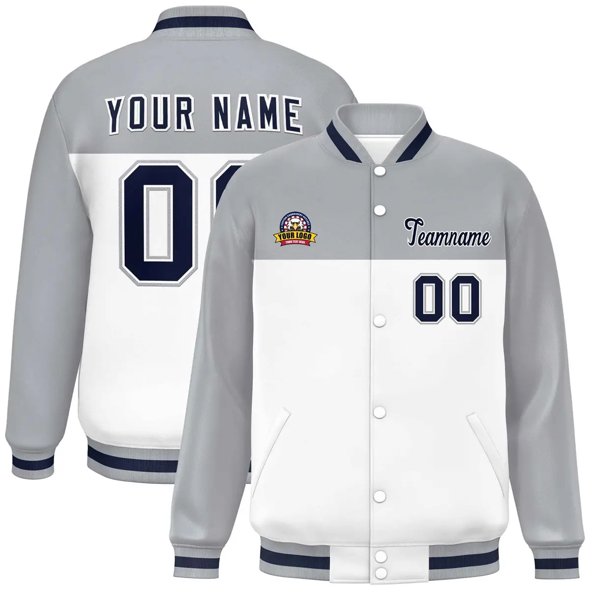 Gray White-Navy Color Block Full-Snap Varsity Letterman Jacket