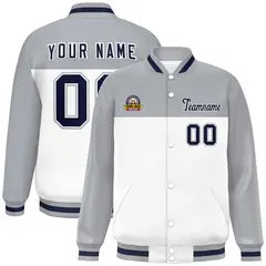 Gray White-Navy Color Block Full-Snap Varsity Letterman Jacket