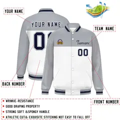 Gray White-Navy Color Block Full-Snap Varsity Letterman Jacket 2