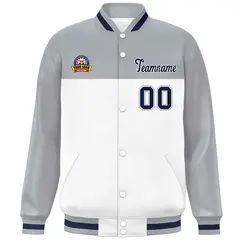 Gray White-Navy Color Block Full-Snap Varsity Letterman Jacket 3