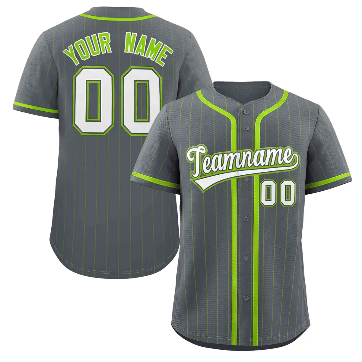 Gray White-Neon Green Stripe Full Button Baseball Jersey