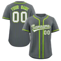 Gray White-Neon Green Stripe Full Button Baseball Jersey 1