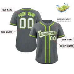 Gray White-Neon Green Stripe Full Button Baseball Jersey 2
