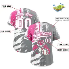 Gray White Pink Full-Snap Tiger Graffiti Baseball Jersey 2
