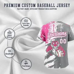 Gray White Pink Full-Snap Tiger Graffiti Baseball Jersey 3