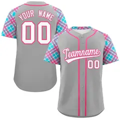 Gray White-Pink Raglan Sleeves Authentic Baseball Jersey 1