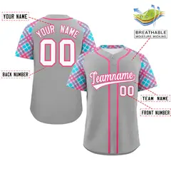 Gray White-Pink Raglan Sleeves Authentic Baseball Jersey 2