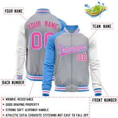 Gray White-Powder Blue Varsity Full-Zip Raglan Letterman Baseball Jacket 4