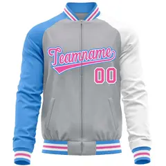 Gray White-Powder Blue Varsity Full-Zip Raglan Letterman Baseball Jacket 5