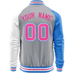 Gray White-Powder Blue Varsity Full-Zip Raglan Letterman Baseball Jacket 6