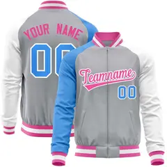 Gray White-Powder Blue Varsity Full-Zip Raglan Letterman Baseball Jacket 1