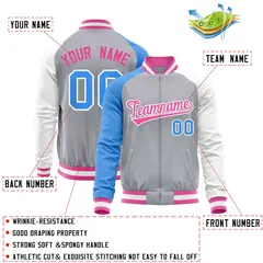 Gray White-Powder Blue Varsity Full-Zip Raglan Letterman Baseball Jacket 4