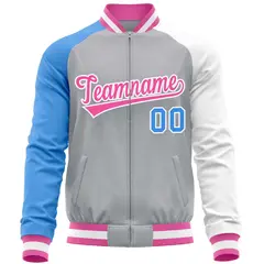 Gray White-Powder Blue Varsity Full-Zip Raglan Letterman Baseball Jacket 5