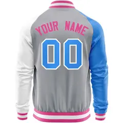 Gray White-Powder Blue Varsity Full-Zip Raglan Letterman Baseball Jacket 6