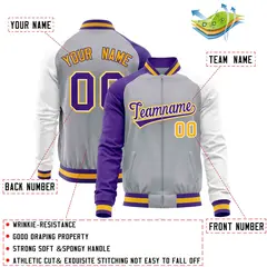 Gray White-Purple Varsity Full-Zip Raglan Letterman Baseball Jacket 4