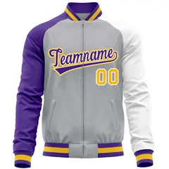 Gray White-Purple Varsity Full-Zip Raglan Letterman Baseball Jacket 5
