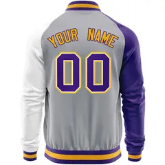 Gray White-Purple Varsity Full-Zip Raglan Letterman Baseball Jacket 6