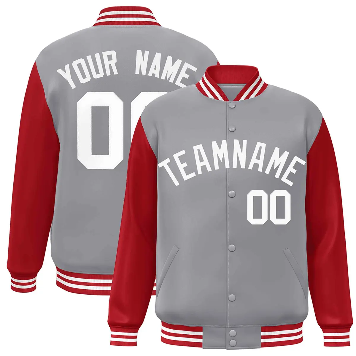 Gray White Raglan Varsity Full-Snap Letterman Jacket