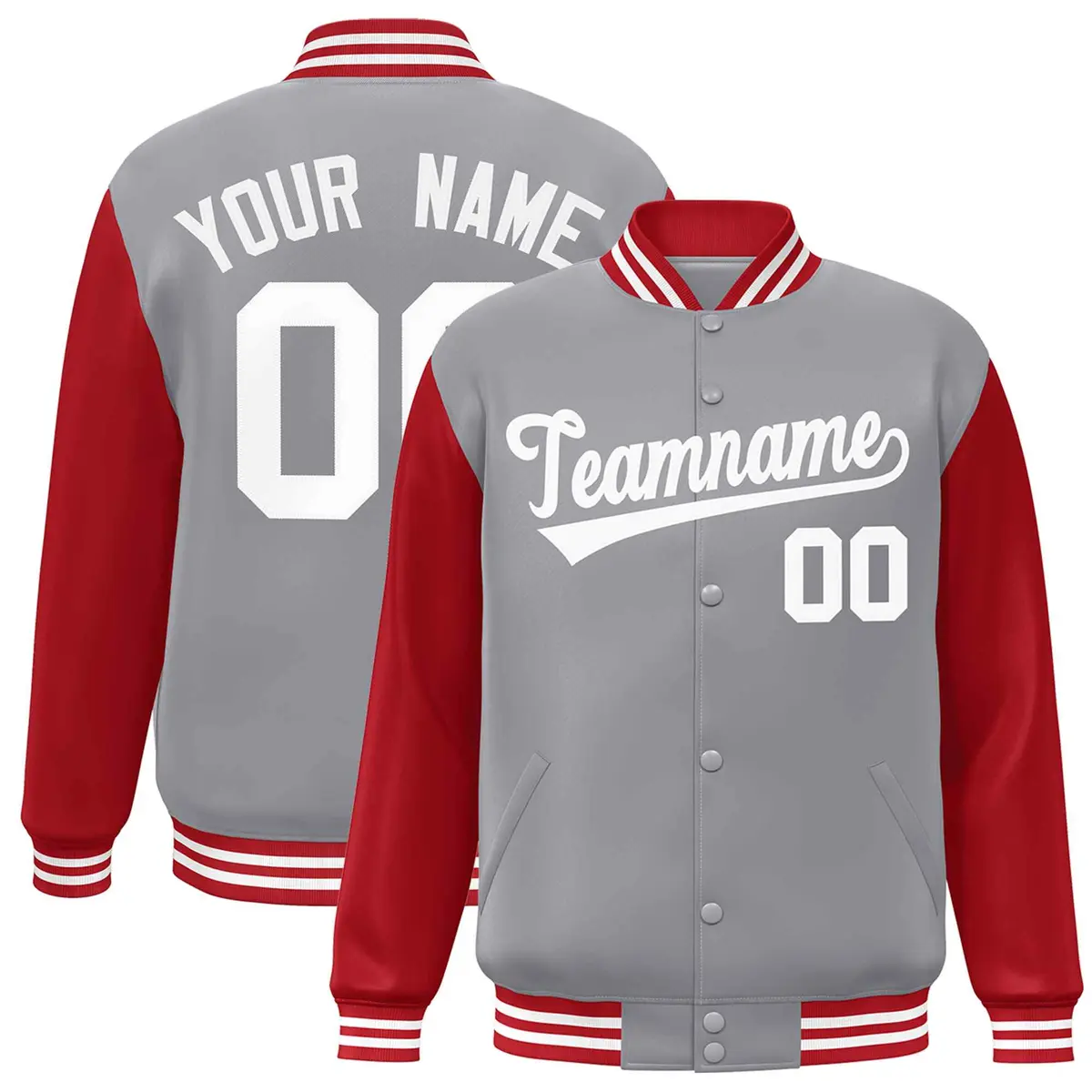 Gray White Raglan Varsity Full-Snap Letterman Jacket