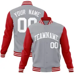 Gray White Raglan Varsity Full-Snap Letterman Jacket