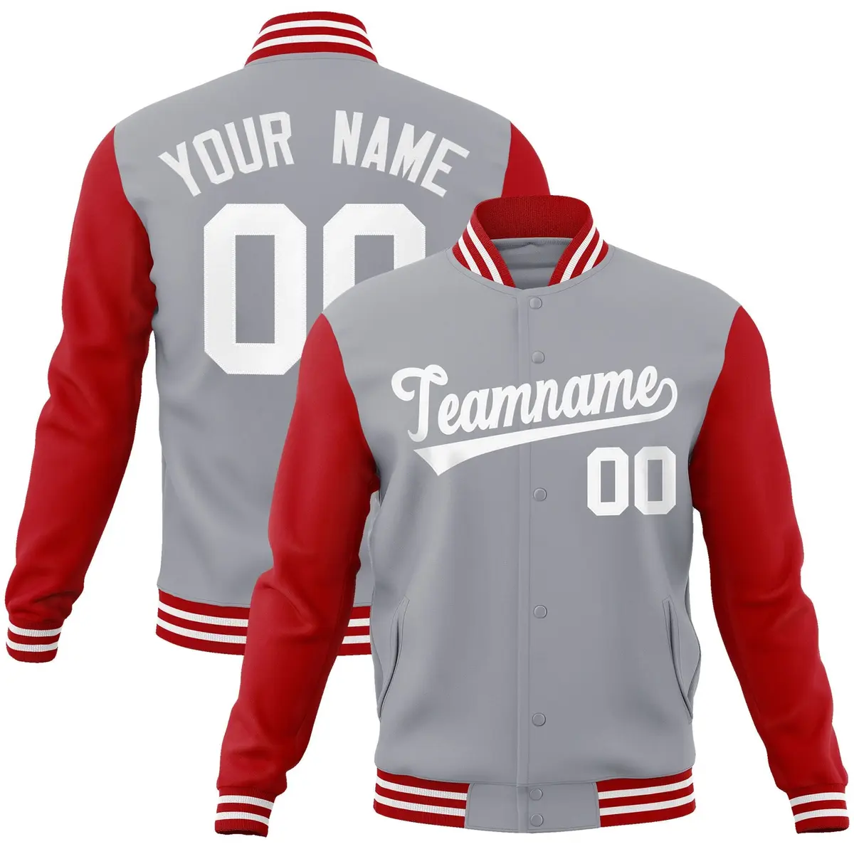 Gray White Raglan Varsity Full-Snap Letterman Jacket
