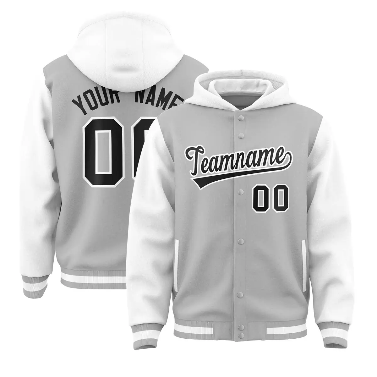 Gray White Raglan Varsity Full-Snap Letterman Two Tone Jacket Hoodie