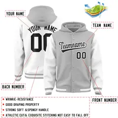 Gray White Raglan Varsity Full-Snap Letterman Two Tone Jacket Hoodie 4
