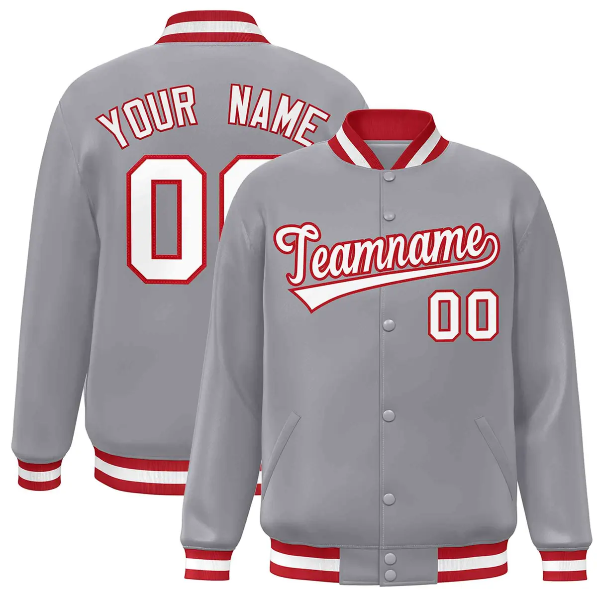 Gray White-Red Varsity Full-Snap Letterman Jacket